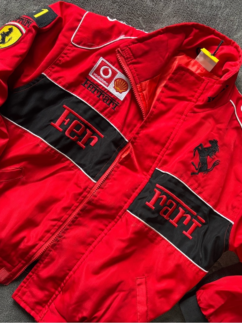 Ferrari Red Jacket with Yellow Prancing Horse Tag and Black Embroidery